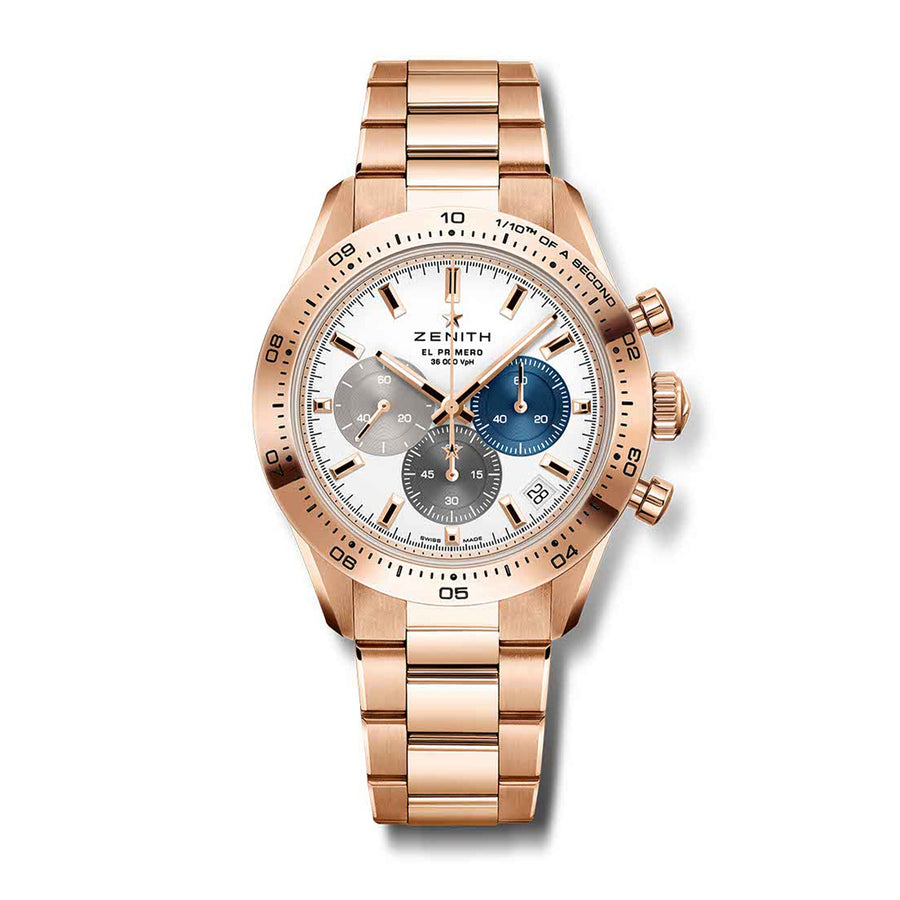 Zenith Chronomaster Sport - 18.3101.3600/69.M3100 - Zenith Chronomaster Sport in a 41mm rose gold case with white dial tri-colour sub-dials on rose gold bracelet, featuring a chronograph function, date display and automatic movement.