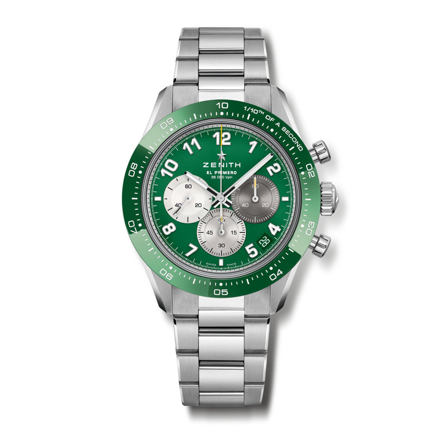 Zenith Chronomaster Sport Aaron Rodgers Edition - 03.3117.3600/56.M3100 - Zenith Chronomaster Sport Aaron Rodgers Edition in a 41mm stainless steel case with green tricolor dial on stainless steel bracelet, featuring a chronograph function, date display and automatic movement. Limited to 250 pieces.