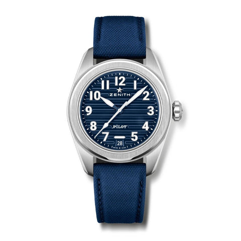 Zenith Pilot Automatic - 03.4000.3620/51/I003 - Zenith Pilot Automatic in a 40mm stainless steel case with blue dial on blue leather strap, featuring an automatic movement with up to 60 hours of power reserve.